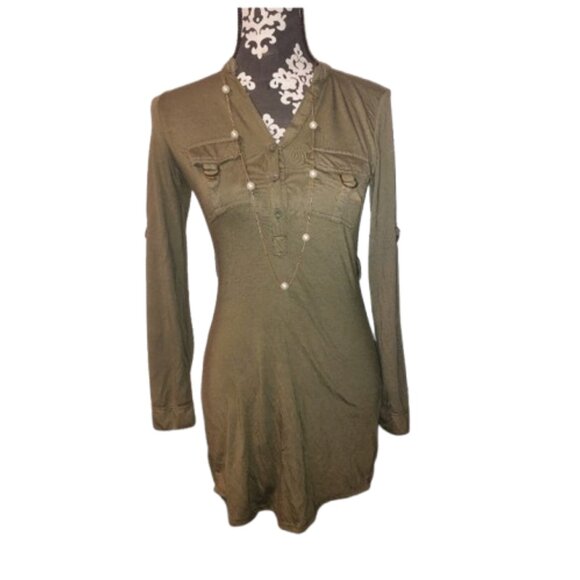 womens olive Green  long sleeve Bodycon Dress W/ Bronze Hardware - Picture 5 of 13